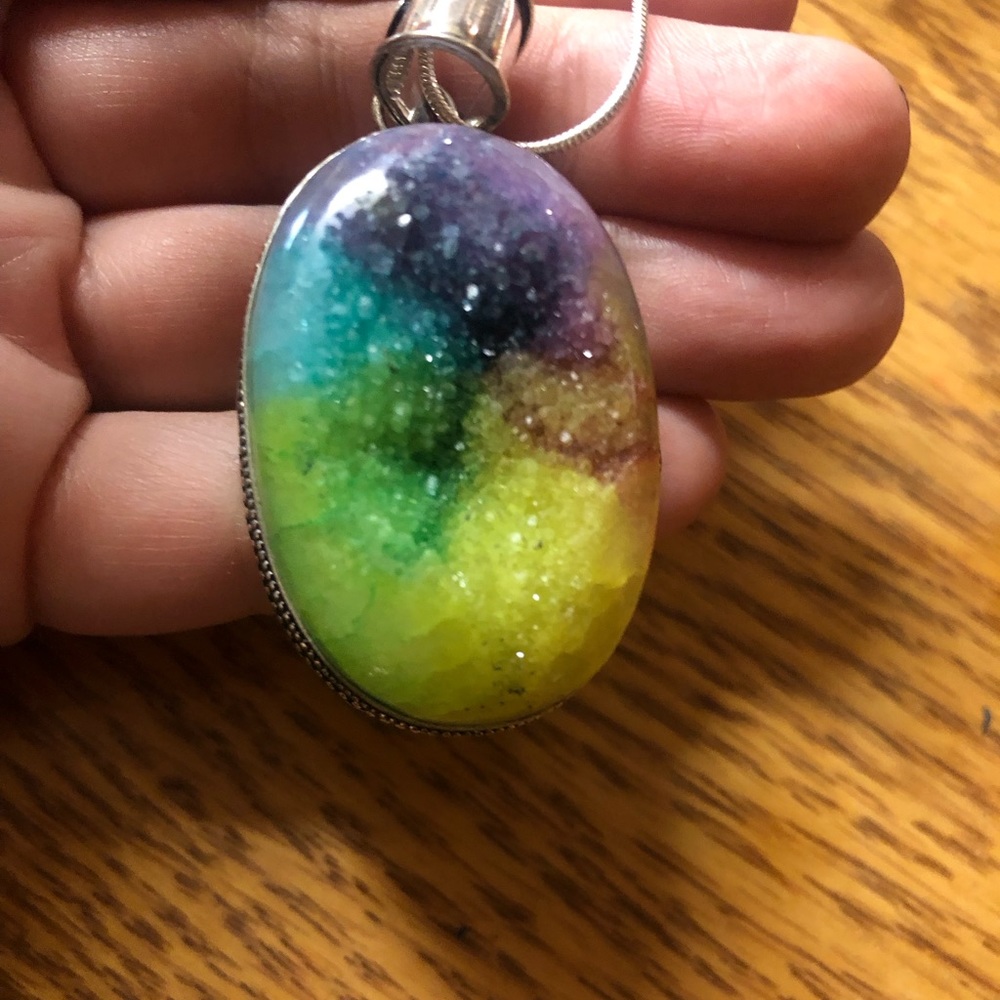 COPY - Rainbow Drusy Quartz Pendant w/ Chain Sterling